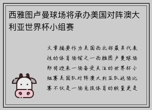西雅图卢曼球场将承办美国对阵澳大利亚世界杯小组赛